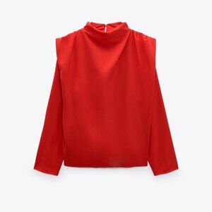 NWT Zara Draped Red Satin Mock Neck Blouse